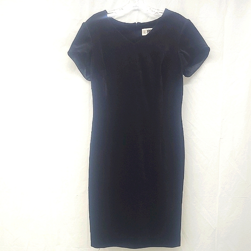 Velvet Little Black Dress Midi V Neck Zippered Lined Sheath Short Sleeve Stretch